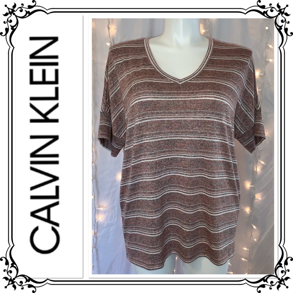 CALVIN KLEIN ⭐️ Soft V-Neck Striped Casual Blouse